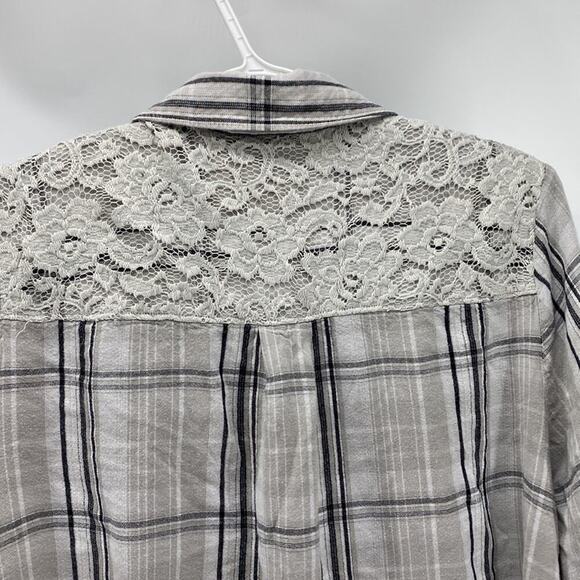 Lane Bryant gray plaid lace detail hi low button Down loose fit casual sz 18 - Picture 8 of 11